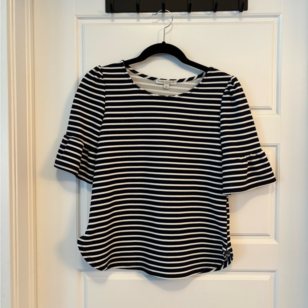 Green Envelope Black and White Ruffled Blouse